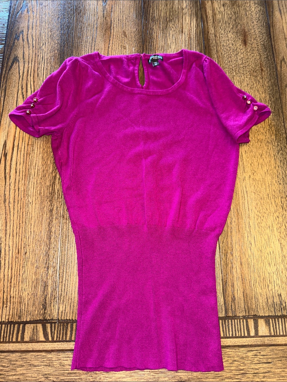 Express Fuchsia Short-Sleeve Knit Top with Button-Trim Sleeves & Keyhole back